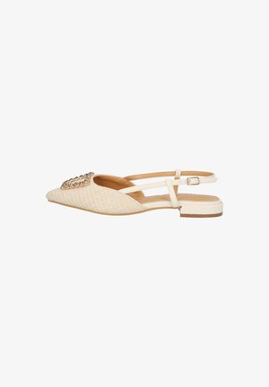Beige geflochtener flacher Schuh mit spitzer Zehenpartie, dekorativem Strassakzent am Riemen und verstellbarem Knöchelriemen. Leichte Sohle.