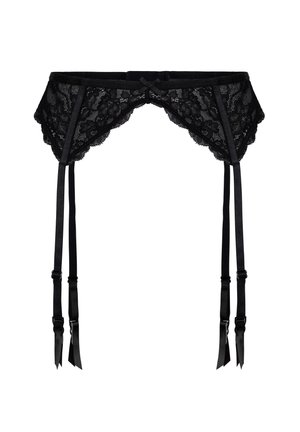 Jarretière en dentelle noire avec un petit nœud au centre et quatre bretelles réglables avec des extrémités ornées de rubans pour attacher aux bas.