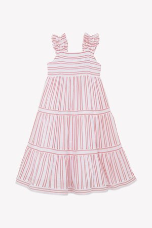 Bela obleka z rdečimi navpičnimi črtami, nabranimi naramnicami, plastnim dizajnom in padajočim robom. Izdelana iz lahkega blaga.