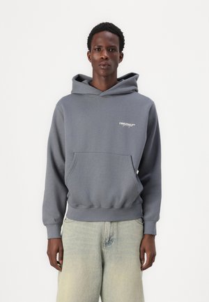 Gray hoodie with a front pocket, ribbed cuffs, and a drawstring hood. Features a small white logo on the chest. Casual, relaxed fit.