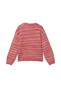 Czerwony i fioletowy sweter w paski, z dzianiny, z długimi rękawami, okrągłym dekoltem i prążkowanym obszyciem. Miękka tekstura, luźny krój i zróżnicowane wzory pasków.