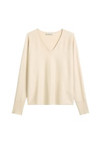 Beżowy sweter z długim rękawem, dekolt w serek, miękka faktura, luźny krój, ściągacze przy rękawach i u dołu. Prosty i uniwersalny design, idealny do warstwowego noszenia.