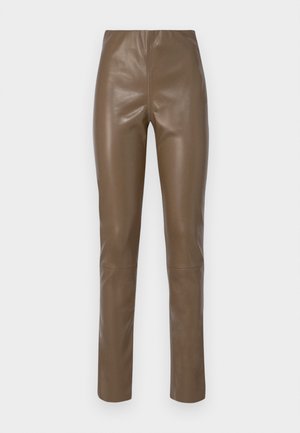 Brown faux leather pants with a smooth, glossy texture. Features a high waist and straight legs, with minimal stitching details.