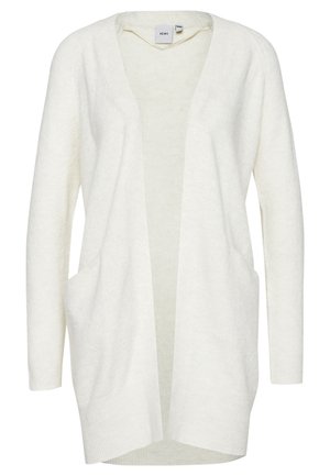 Cardigan alb cu mâneci lungi, deschis în față, și două buzunare frontale. Material moale, texturat, cu mansete și tiv ondulate, croială lejeră.