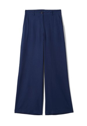 Navy blue wide-leg trousers with front button and zip closure, belt loops, and side pockets, laid flat on white background.