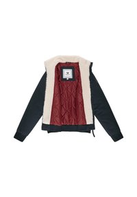 Zwarte buitenjas met een crèmekleurige kraag van sherpa. Binnenkant voorzien van een gewatteerde bordeauxrode voering. Ribbelmanchetten, ritszakken en zichtbaar logo-label.