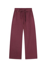 Pantalones de pierna ancha en color burdeos con un acabado texturizado, cinturilla elástica, cordón ajustable y dos bolsillos delanteros para mayor funcionalidad.