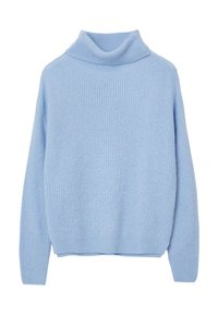 Helleblaue Strickjacke mit hohem, umgeschlagenem Kragen. Verfügt über einen lockeren Schnitt, gerippte Textur und lange Ärmel.