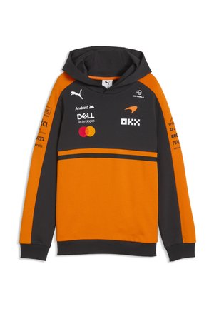 Sweat à capuche noir et orange avec les logos de Puma, Dell, Mastercard, OKX, Android et DP World sur la poitrine et les manches.