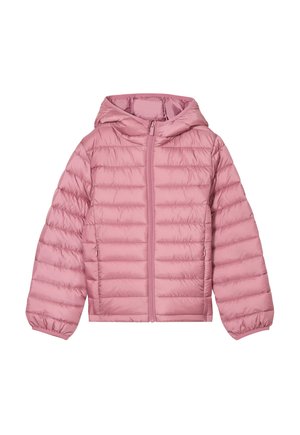 Chaqueta rosa acolchada con capucha, cremallera completa en la parte delantera y puños elásticos, diseñada para brindar calor y un uso casual.