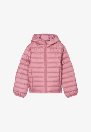 Pink quilted hooded jacket with full front zipper and elastic cuffs, designed for warmth and casual wear.