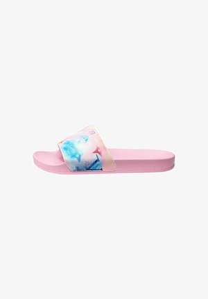 Pink slide sandal with a textured sole and a colorful floral printed strap, featuring blue and pink accents and a smooth surface.
