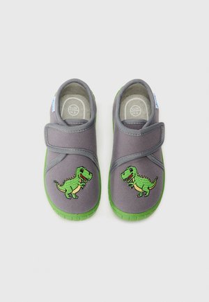 Gray fabric shoes with green rubber soles; features an embroidered green dinosaur on each side and a Velcro strap for closure.