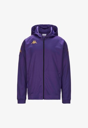 Felpa con zip viola realizzata in tessuto morbido, dotata di cappuccio, tasche frontali e accenti in oro sul petto e sulle maniche.