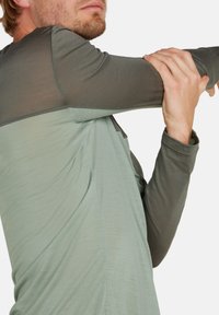 Langarmshirt mit mintgrünem Oberteil und dunkelgrünen Netzärmeln. Verfügt über eine lockere Passform und eine weiche Textur.