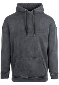 Donkergrijze hoodie van zachte stof, met een reliëflogo en een trekkoordkap, voorzien van een voorzak en ribgebreide manchetten en zoom.