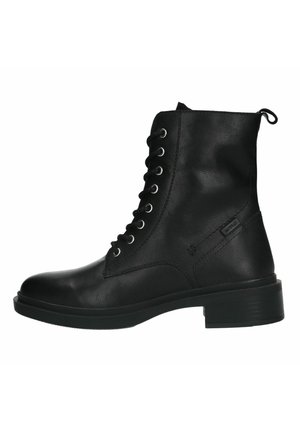 Zwarte leren enkellaarzen met een ronde neus, vetersluiting, zes metalen oogjes en een blokhak voor stabiliteit. Smooth texture.
