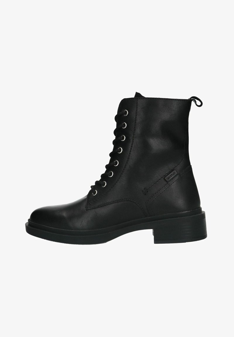 Zwarte leren enkellaarzen met een ronde neus, vetersluiting, zes metalen oogjes en een blokhak voor stabiliteit. Smooth texture.
