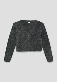 Zwart en grijs gekropte cardigan met een V-hals, lange mouwen en vijf knoopsluitingen, gemaakt van een textuur gebreide stof.