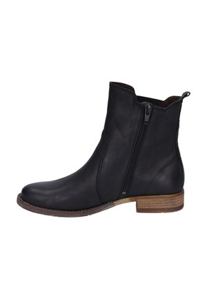 Bottine en cuir noir avec fermeture éclair latérale, bout rond, petit talon empilé marron et languette à l'arrière.
