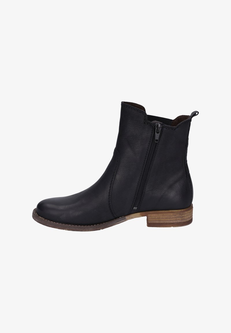 Bottine en cuir noir avec fermeture éclair latérale, bout rond, petit talon empilé marron et languette à l'arrière.