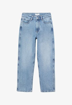 Jeans din denim de culoare albastru deschis, cu o croială lejeră, talie înaltă, buzunare frontale și dorsale, și un design cu picioare drepte. Textură ușor uzată.