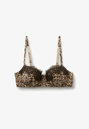 Leopardenmuster-BH mit schwarzer Spitzenborte und dünnen verstellbaren Trägern im Leopardenmuster auf weißem Hintergrund.