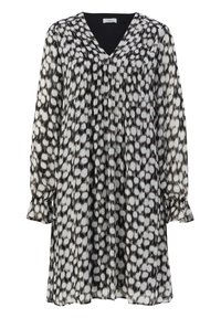 Knee-lang, langärmliges Kleid aus leichtem Stoff mit einem schwarz-weißen gepunkteten Muster, Falten und Rüschensäumen.