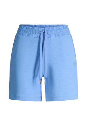 Hellblaue legere Shorts mit elastischem Bund und Kordelzug, versehen mit dezenter Stickerei auf der rechten Seite.