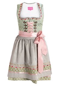 Robe dirndl traditionnelle verte et beige avec corsage à lacets en ruban rose et ceinture rose assortie nouée en nœud à la taille.