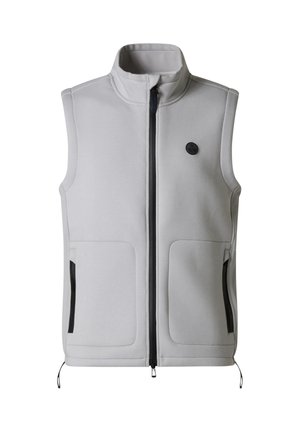 Gilet senza maniche in pile grigio chiaro con collo alto, cerniera frontale, due tasche laterali con zip e piccolo logo nero rotondo sul petto.