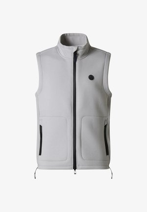 Gilet senza maniche in pile grigio chiaro con collo alto, cerniera frontale, due tasche laterali con zip e piccolo logo nero rotondo sul petto.