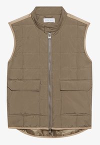 Gilet senza maniche imbottito in verde oliva con zip frontale, colletto con bottone a scatto e due tasche a patta in vita.