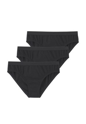 Drei nahtlose schwarze Slips gestapelt, mit einem weichen Bund und glattem Stoff für bequemen Alltagstragekomfort.