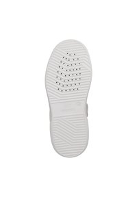 Weiße Schuhsohle mit einem strukturierten, gezackten Profil und Belüftungsöffnungen. Enthält eingeprägtes Branding "GEOX" und Designelemente für besseren Grip.