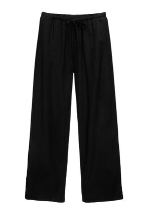 Pantalons larges noirs en tissu léger avec une taille élastique et un cordon de serrage. Design simple, sans motifs ni accessoires.