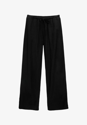 Czarne spodnie wide-leg wykonane z lekkiego materiału, z elastycznym paskiem w talii i detalami w postaci sznurka. Prosty design, bez wzorów i dodatkowych elementów.