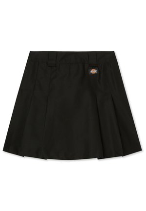 Jupe plissée noire en tissu robuste, dotée d'une taille avec passants de ceinture et d'une petite étiquette de logo sur le côté gauche à l'avant.