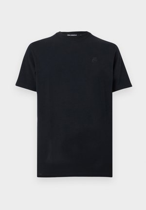 T-shirt noir à manches courtes avec col rond, logo subtilement embossé sur la poitrine et texte "KARL LAGERFELD" à l'intérieur du col.