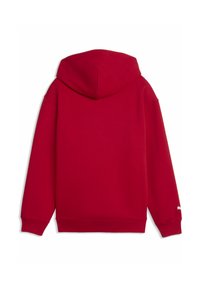 Sweat à capuche rouge avec poignets et ourlet élastiques, doté d'une capuche à cordon de serrage. Tissu lisse et doux avec un petit logo près du poignet gauche.