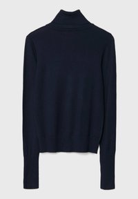 Marineblaue Rollkragensweater mit langen Ärmeln, geripptem Kragen und Bündchen, aus einem glatten, gestrickten Stoff gefertigt. Einfaches Design ohne sichtbare Logos.