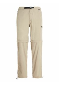 Beige afneembare broek gemaakt van lichtgewicht stof, met een verstelbare tailleband, zijzakken en koordjes bij de pijpen voor een aanpasbare pasvorm.