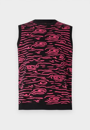 Sleeveless black knit top featuring a bright pink swirl pattern. Ribbed neckline and hem with a smooth texture throughout.