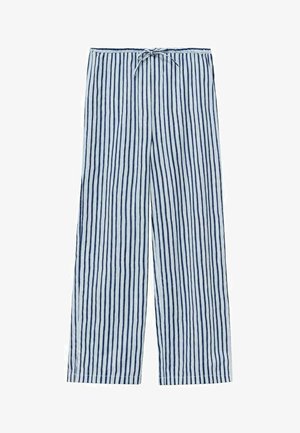 Pantalons de pyjama légers à rayures bleu marine et blanche, avec une taille à cordon, des jambes droites et une texture de tissu douce.