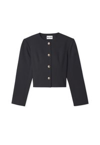 Czarna, krótka kurtka z okrągłym dekoltem, długimi rękawami i pięcioma złotymi guzikami z przodu. Gładki materiał o teksturze.