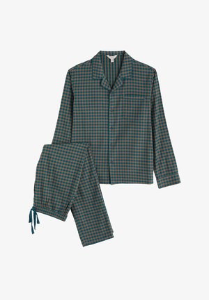 Conjunto de pijama a cuadros en teal y marrón, que incluye una camisa de botones con bolsillo y pantalones de cintura elástica con lazos. Tela suave.