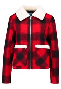 Rød og sort ternet jakke med kunstpelskrave, lynlåslukning foran og to forlommer. Fremstillet af et blødt, tekstureret stof.