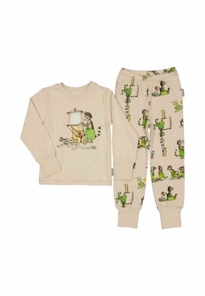 Beige lasten pyjamat pitkillä hihoilla ja resoreilla, joissa on kuvasto kissasta, joka rakentaa puista vaunua, sekä toistuva kuvio kissasta ja kanan. 