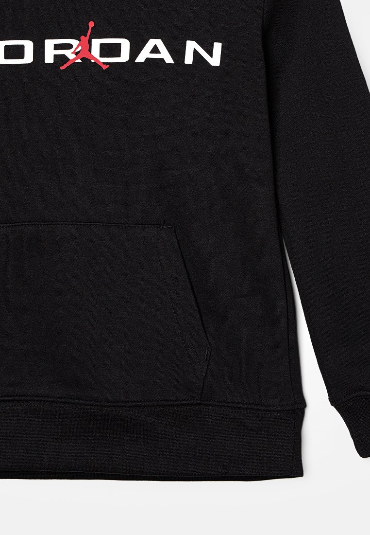 Black sweatshirt with a front pouch pocket and the word "JORDAN" across the chest in white, featuring a red Jumpman logo replacing the "O."