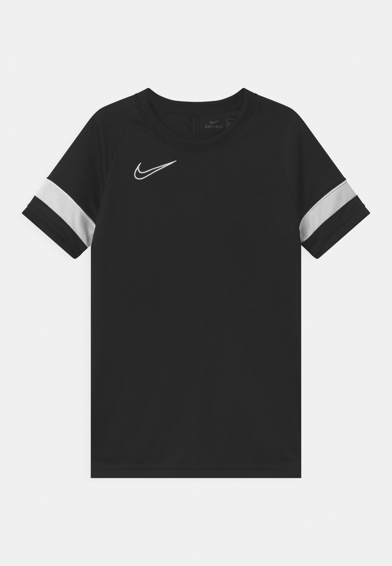 T-shirt noir à manches courtes Nike Dri-FIT avec des accents blancs sur les manches et un logo brodé sur la poitrine ; fabriqué en tissu léger évacuant l'humidité.